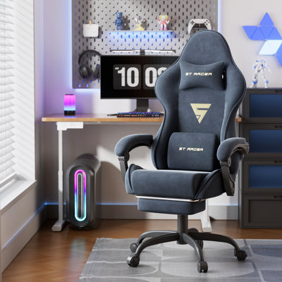 Soontrans Velvet Fabric Gaming Chair with Footrest High Back Ergonomic Gamer Chair with Headrest and Massage Lumbar Cushion Racing Reclining Video Game Chair for Adults, Gray