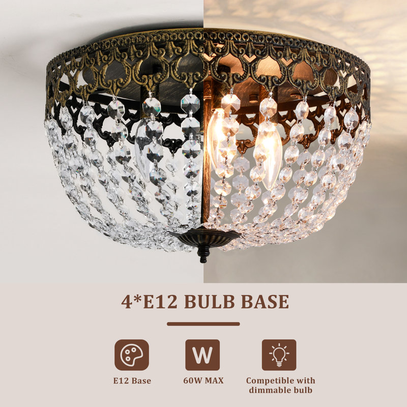 Melrose 15'' 4 - Lights Matte Black/Gold Modern Bowl-Shaped Crystal Flush Mount Lighting Fixture For Living Room/ Bedroom