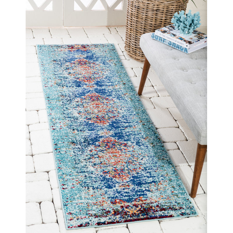 Tapis abstrait turquoise tissé à la machine Dimonetta, Tapis de couloir de 2 pi x 6 pi 9 po