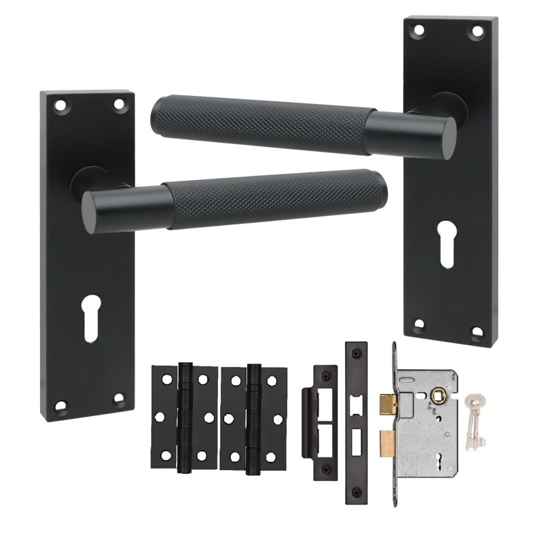 Golden Grace Victorian T-Bar Knurled Lock Door Handle Set Matte Black Finish with 2.5" 3 Lever Lock - 150mm