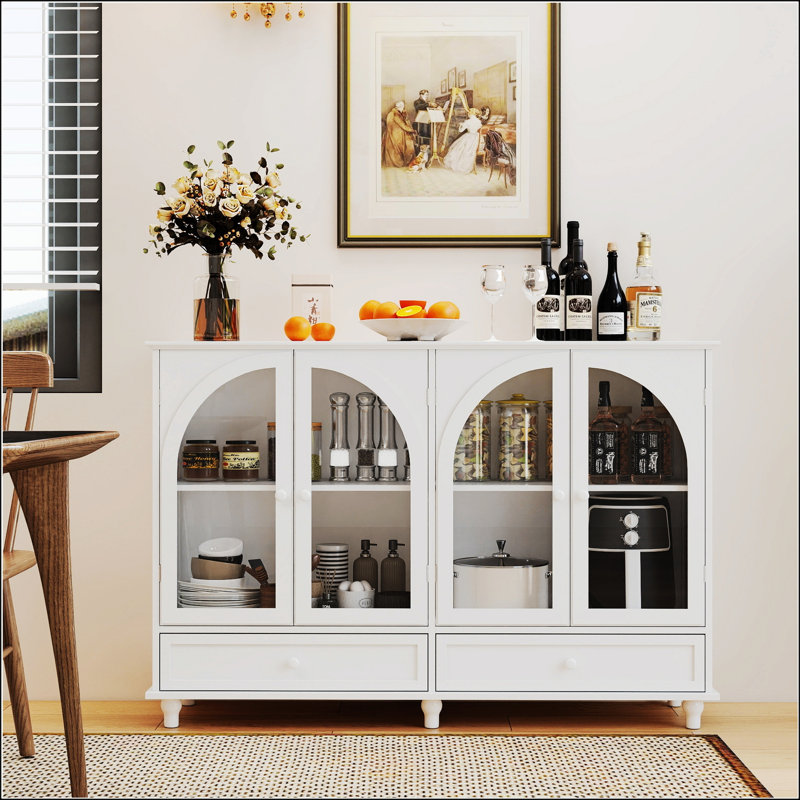 Buffet en verre arqué, 2 tiroirs et 4 portes en verre, tablettes réglables pour les intérieurs modernes et rétro, White