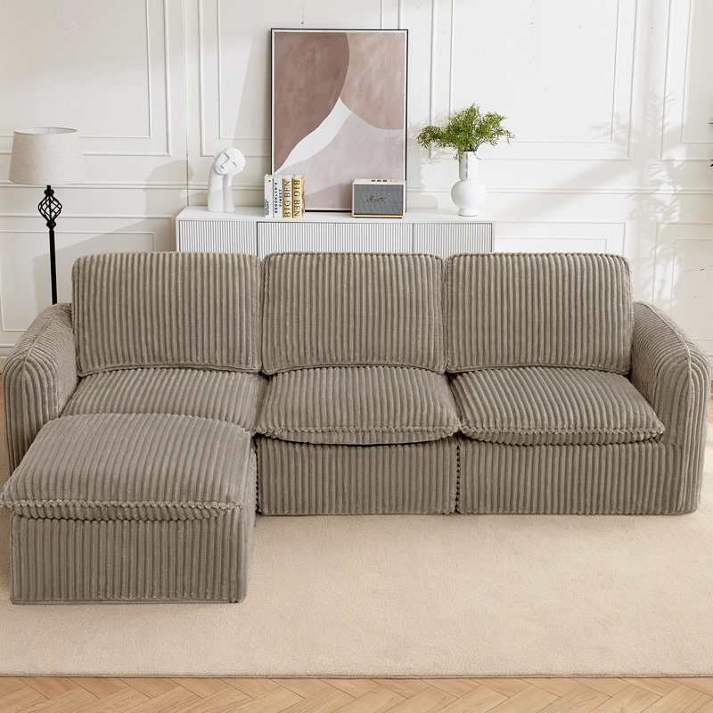 Canapé modulaire avec repose-pieds Boneless, Velours côtelé chameau