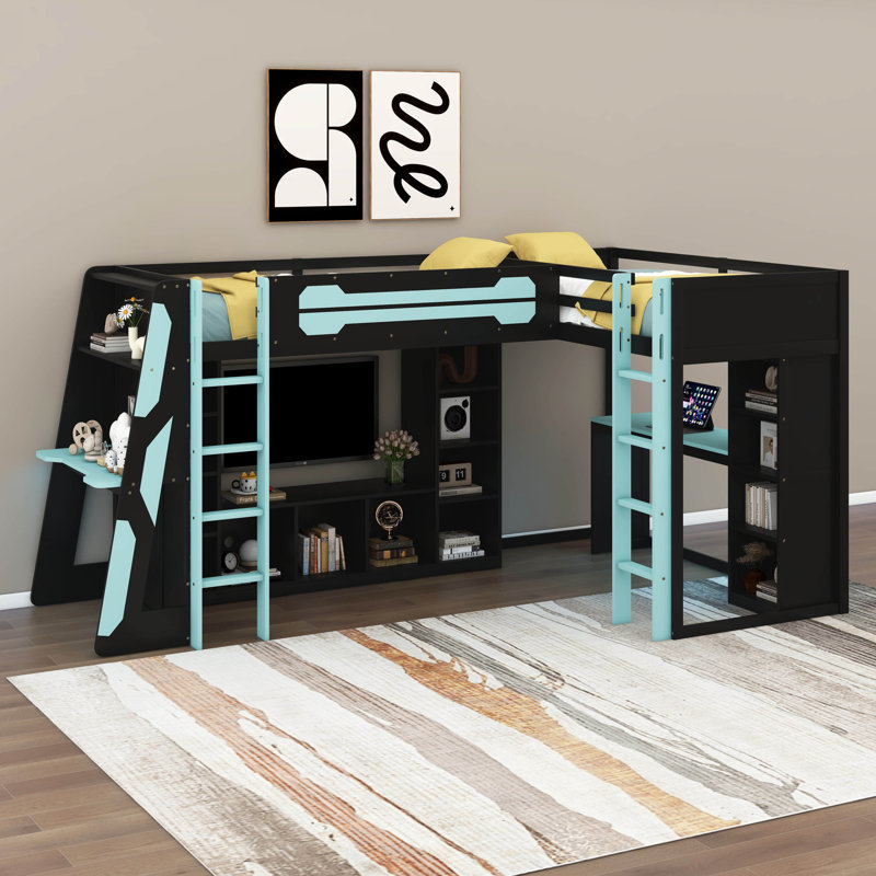 L-Shape Twin Size Gaming Loft Bed With RGB LED Lights And USB Ports, Solid Double Loft Bed With TV Stand & Storage Shelves