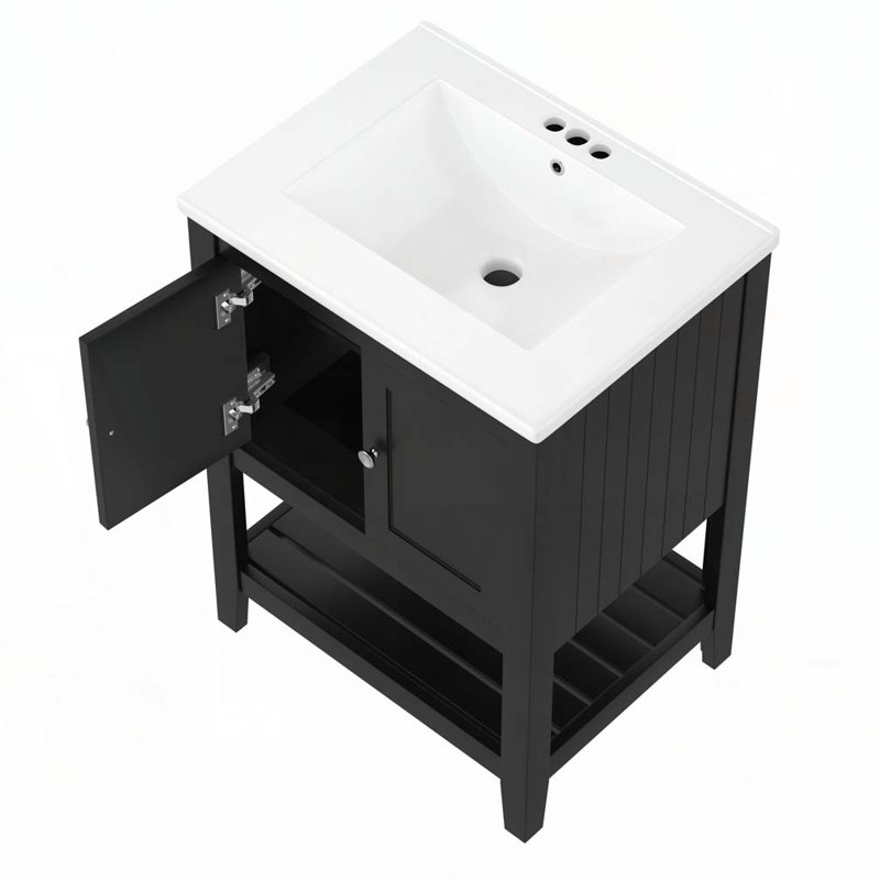 Meuble-lavabo 24 po avec lavabo en céramique et cadre ouvert en bois massif, Noir / argenté