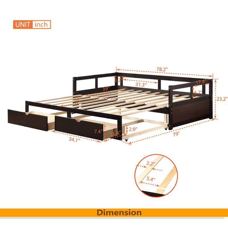 Wooden Daybed With Trundle Bed And Two Storage Drawers , Extendable Bed Daybed,Sofa Bed For Bedroom Living Room, Espresso