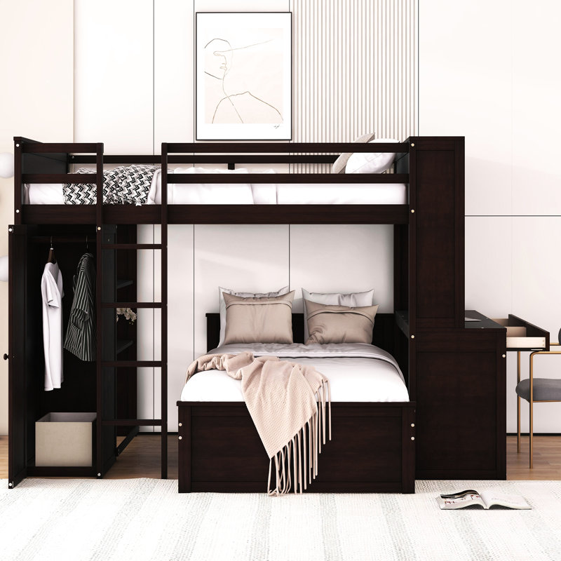 Loft Bed With Full And Twin Beds. Includes Shelves, Desk, Wardrobe. Enhance Functionality. Build. 94.8"L X 78.7"W 65"H Size Bed, Solid Construction. Maximize Living Area. No Foundation Requirement.