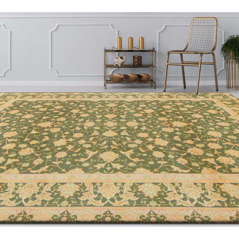 High-Quality Hand-Knotted Green And Cream Area Rug