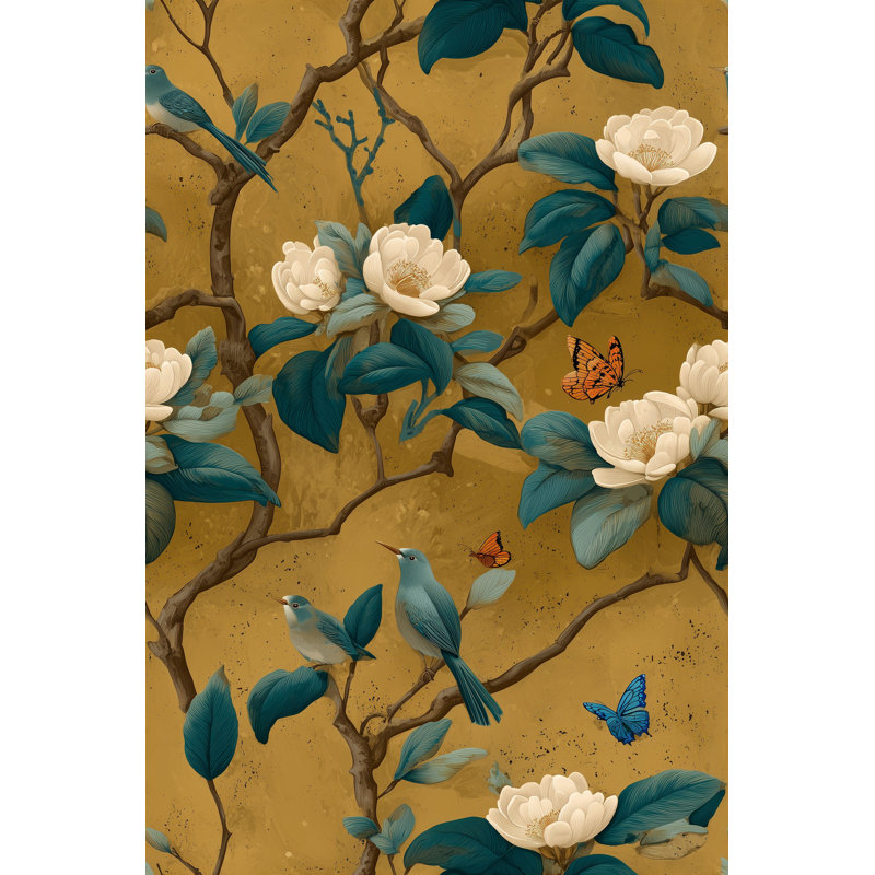 Papier peint branches chinoises rétro avec motif floral et oiseaux bleus, Non-collé
