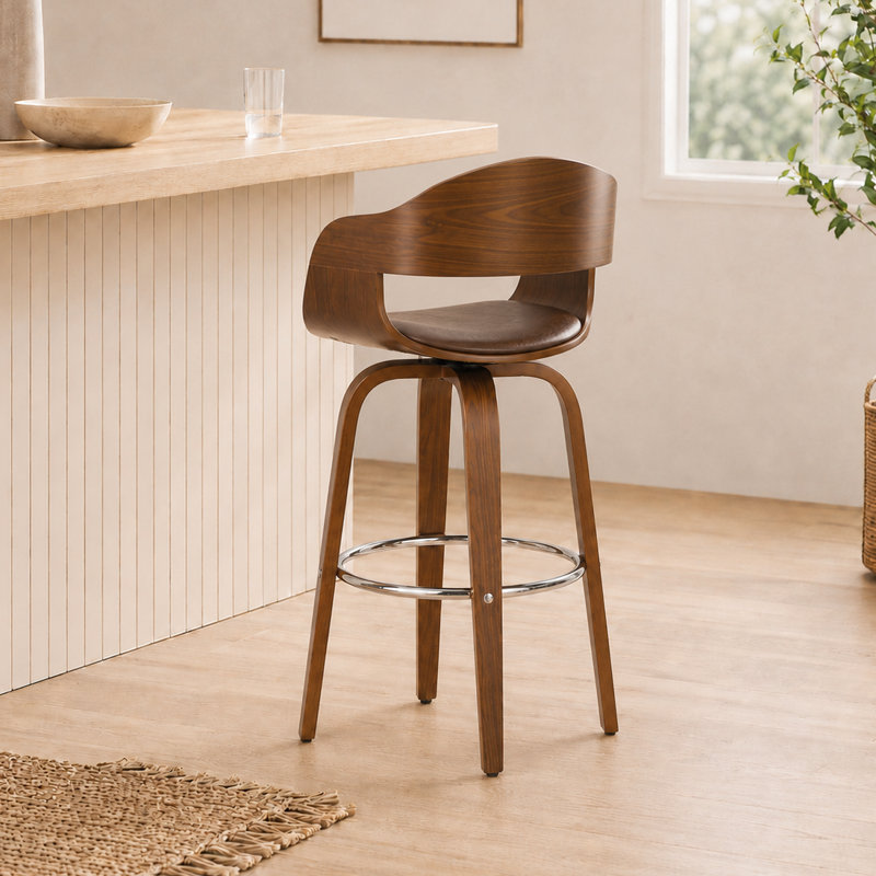 Tabouret de bar Mid-Century moderne avec dossier courbé en bois et siège rembourré, ensemble de 1, Marron foncé