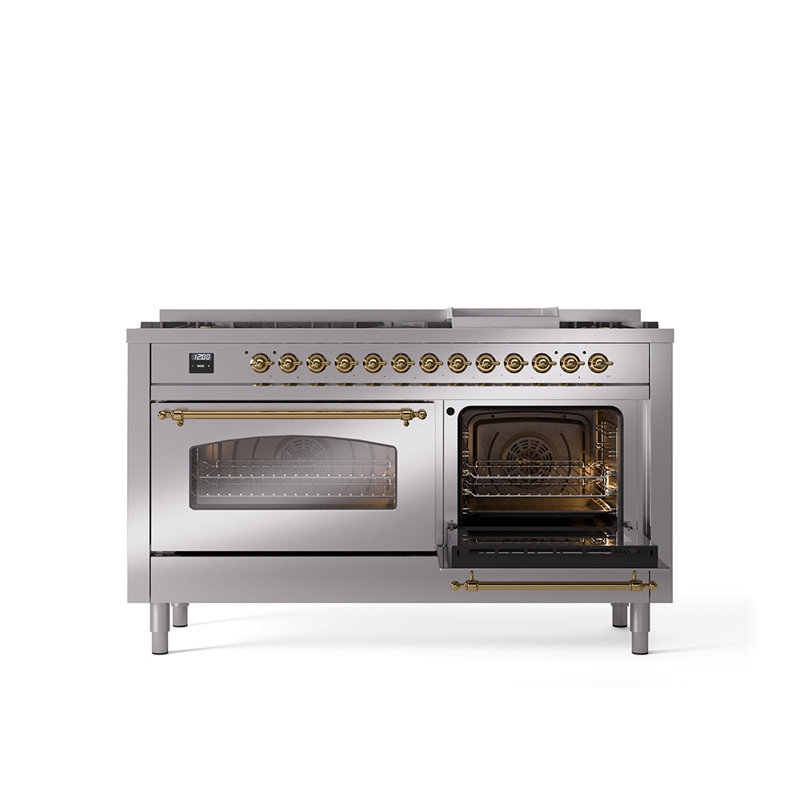 ILVE Nostalgie II 60 Dual Fuel Range, 9 Burners, Griddle, Natural Gas, Stainless Steel/Brass