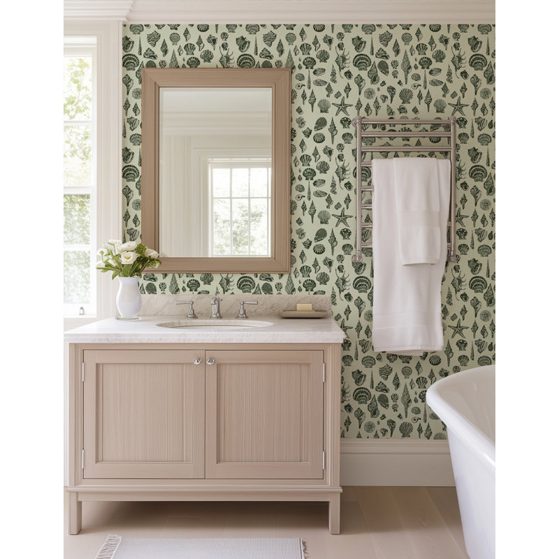 Lowcountry Love Shells Marsh Breeze Wallpaper by Megan Molten, Green, Faux Grasscloth