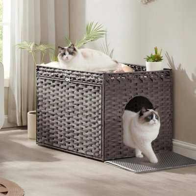 Meuble à litière en rotin tissé à la main Boho avec tapis de litière supplémentaire et plateau lavable amovible