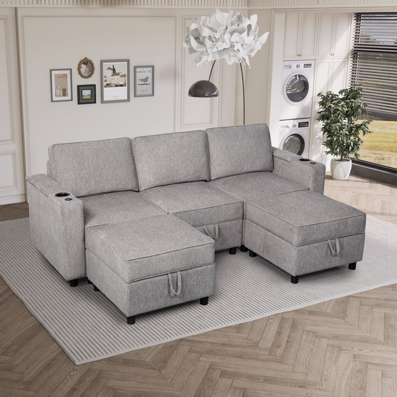 Canapé modulaire en U rembourré 6 pièces avec rangement 6 pièces, Mélange de polyester gris tourterelle