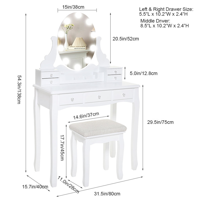 Ensemble coiffeuse et tabouret Ridling, Blanc