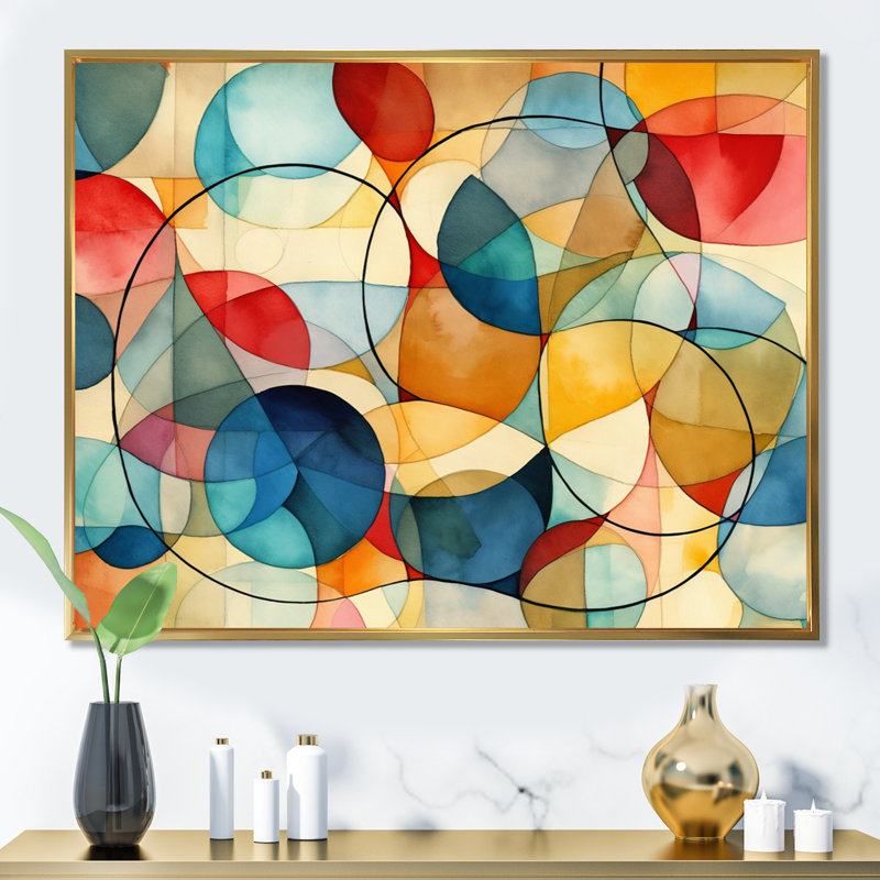 Thomasina, fusion géométrique bleue sur toile, H 34 po x l 44 po x P 1,5 po, Cadre flottant doré