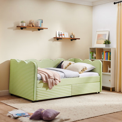 Lit de jour simple en vichy douillet avec deux tiroirs de rangement, avec port USB et adorable tissu en forme de vague
