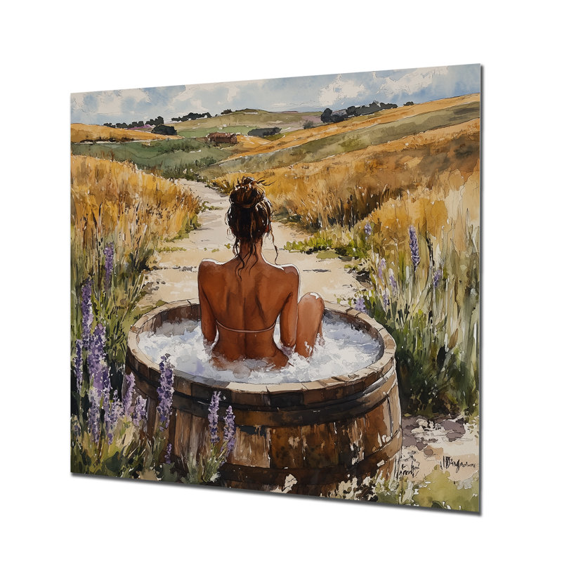 Femme dans une prairie de baignoire - art mural de salle de bain, H 30 po x l 30 po x P 1 po, Métal métal