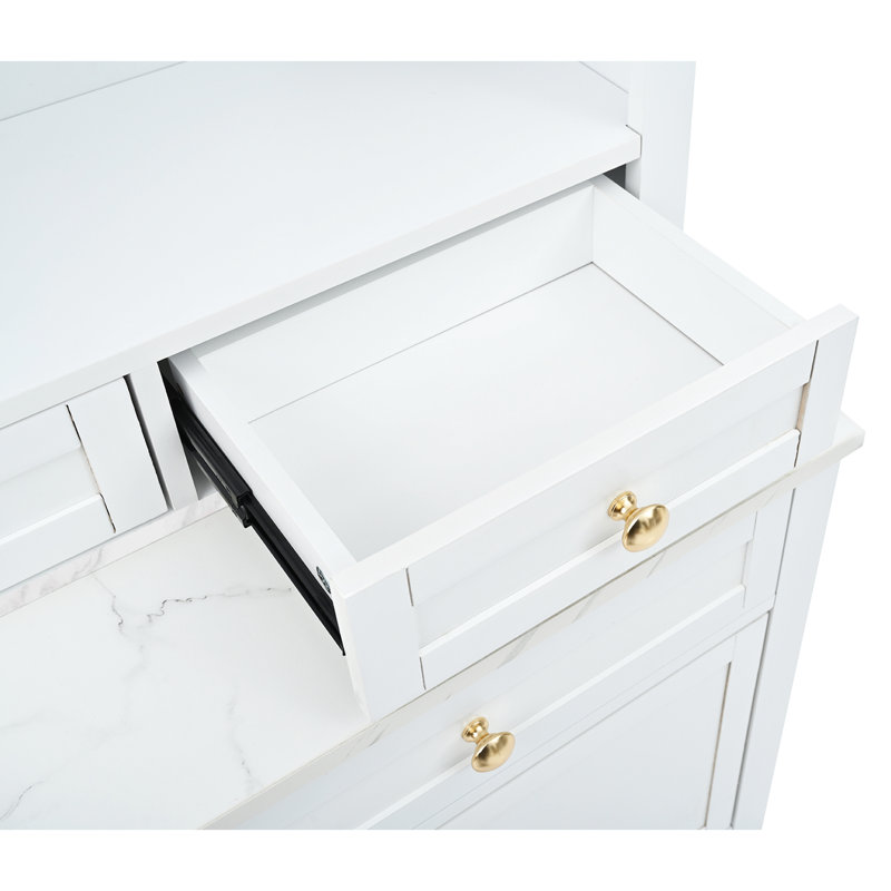 Cuisine de 83,7 pouces de hauteur, blanc avec plateau en faux marbre, 5 tiroirs et tablette réglable, 2 pour garde-manger moderne et fonctionnel, grand comptoir en marbre, espace organisé