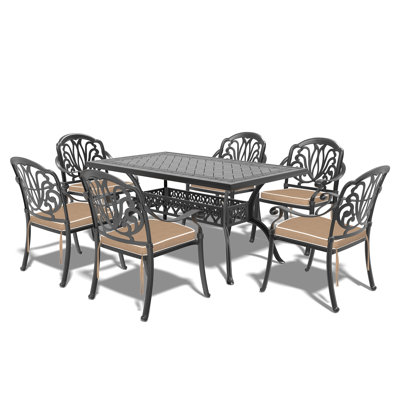 Élégant ensemble de salle à manger de patio en aluminium coulé 7 pièces avec coussins bruns - Chaises empilables et résistantes aux intempéries pour une détente en plein air