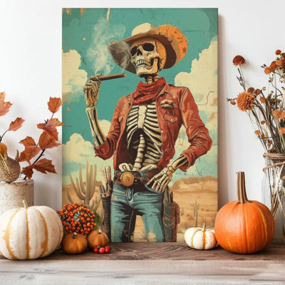 Framed Canvas Wall Art - Skull Cowboy & Western Desert, Vintage Pop Art - 24" x 36" for Living Room & Office