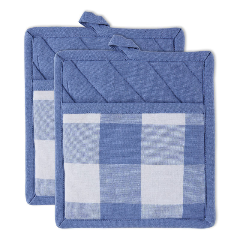 Design Imports Checkered Cotton Potholder Set, Stonewash Blue