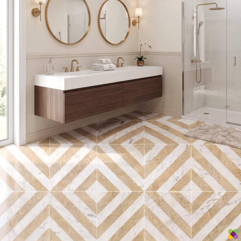 12" x 12" White & Gray Waterjet Marble Tile, Polished Natural Stone Floor & Wall Tile, 8 Pieces, Jaune
