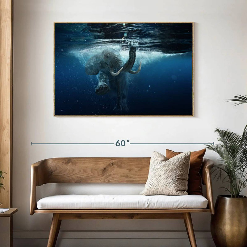 Underwater Elephant, Floating Frame Natural Wood, 46" X 31"