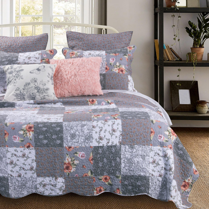 Floral Patchwork Gray and White Microfiber Quilt Set