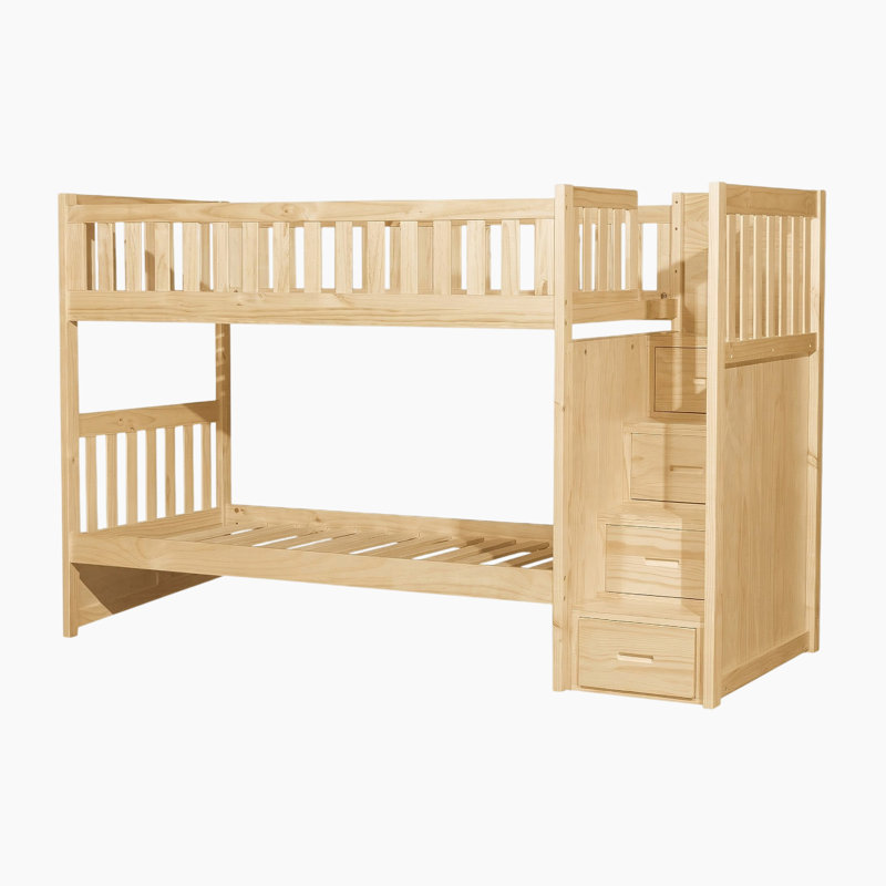 Kirthika Transitional Wood Twin over Twin Bunk Bed with Reversible Step Storage, Protective Guard Rails & Foundation-Free Design