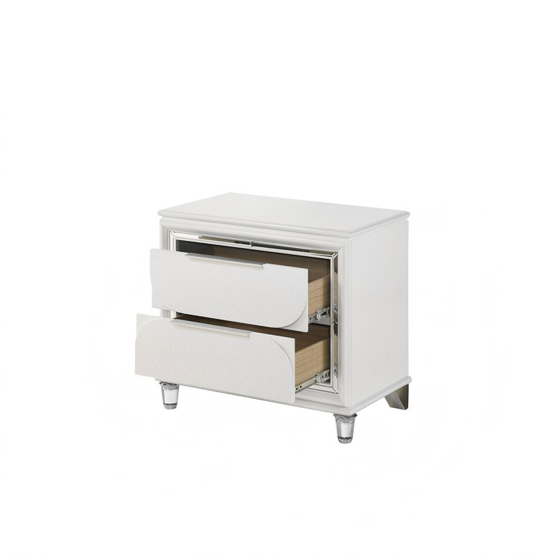 Table de chevet rectangulaire blanche perle minimaliste moderne avec 2 tiroirs et pieds en acrylique