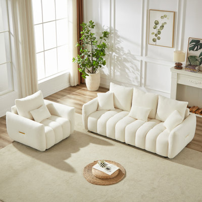 3 Seater + 1 Seater Combo Sofa Modern Living Room Sofa, Teddy Sofa, Wooden Frame, 4 Cushions, Apartment Sofa Furniture