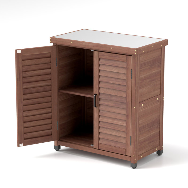 Potting Bench with Storage Cabinet and Metal Table Top for Outdoor Patio