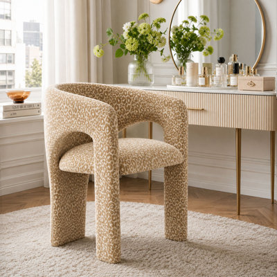 Leopard Print Upholstered Vanity Stool with Arms and Padded Seat
