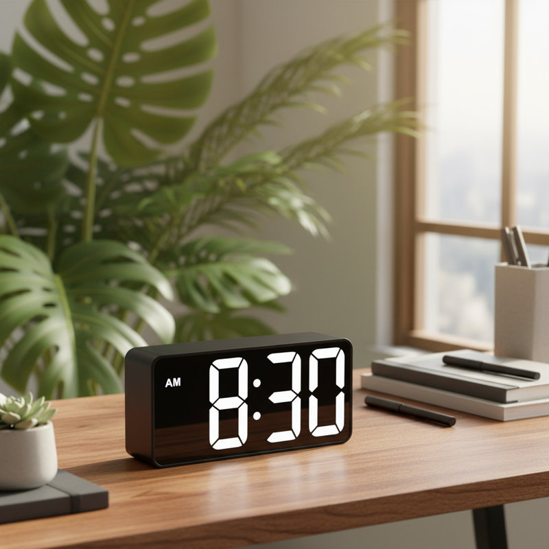 White Electric Bedside Alarm Clock, Large Dimmable Display, USB Charging Volume Adjustable Dual-Scene, White/Black