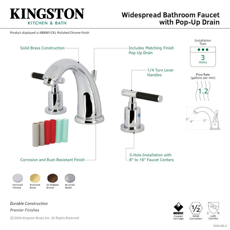 Kingston Brass Kaiser Two-Handle 3-Hole Deck Mount Widespread Bathroom Faucet with Retail Pop-Up Drain, Brushed Nickel