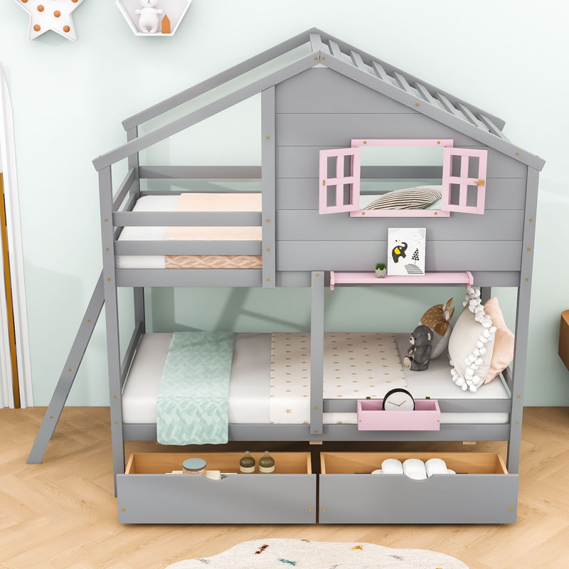 Lit superposé simple en bois 2 tiroirs avec boîte de rangement, gris