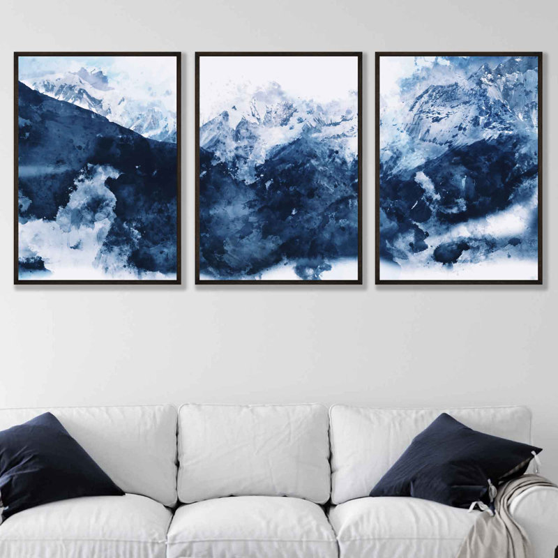 Mont Blanc In Blue - 3 Piece Single Picture Frame Print, 73cm H x 53cm W, Black Closed Corner Frame Wood