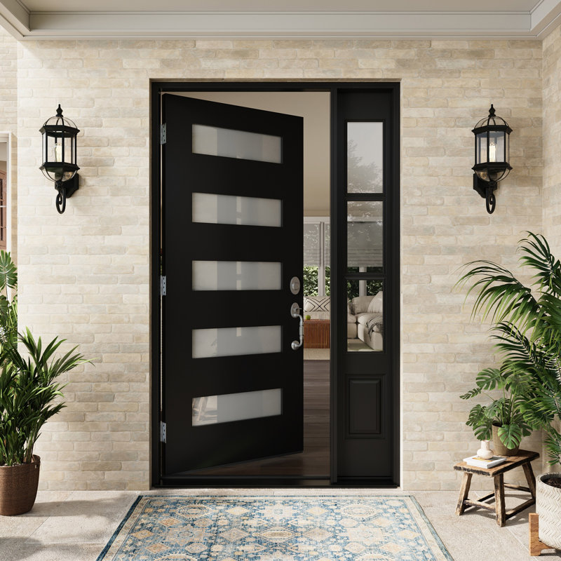 Fiberglass Exterior Door 36" x 80" Painted Black 5-Lite Frosted Glass Fiberglass Door Fixed Single Sidelite Black 3-Lite Clear Glass Door With Jamb, Left-Hand Inswing (Not Included Hardware Kit)