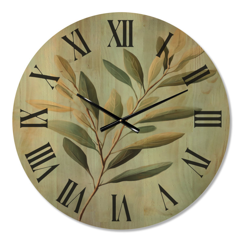 Horloge murale ronde botanique « Feuilles ensoleillées sur fond bleu I », imprimée sur bois, Grand