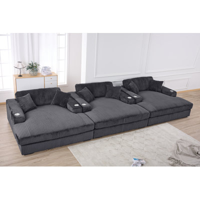 3-piece Corduroy Upholstered Chaise Lounge Sofa, Sleeper Chaise Sectional with Cup Holders by Everly Quinn