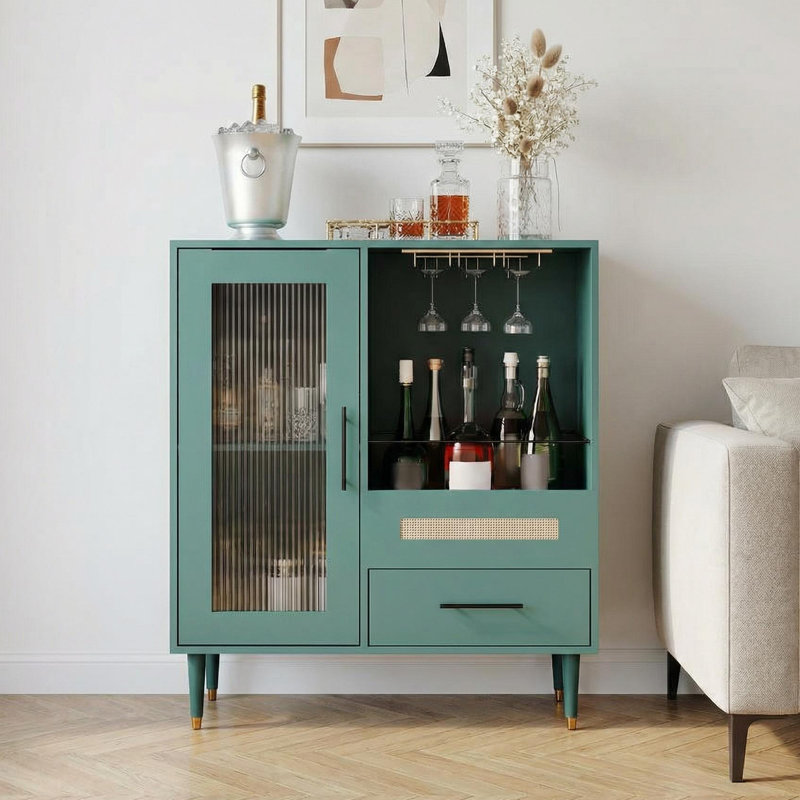 Wine Bar Cabinet with Tempered Glass Door & Rack , 30.7" Freestanding Modern Buffet Sideboard for Dining Room, Kitchen Coffee Bar & Liquor Storage Cabinet with Drawers and Glass Holder