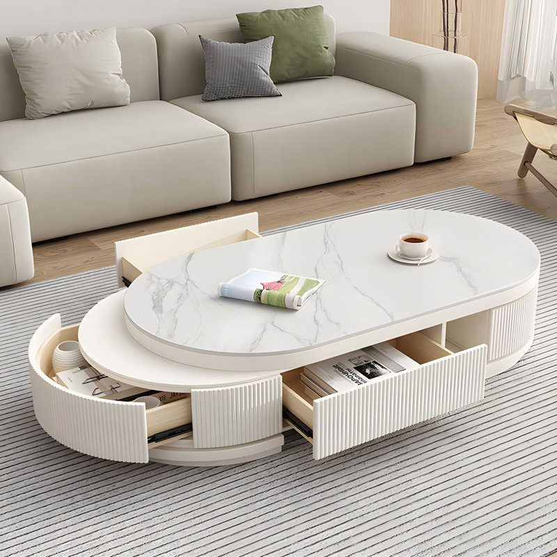 Modern Round Coffee Table with Storage Space, Extendable47 inches - 61 inches, White Simple Design, Suitable For Living Room, Sofa Companion