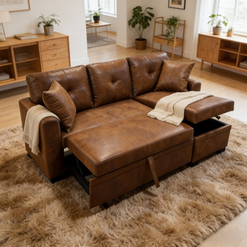 Light Brown L-shaped Sleeper Sectional Sofa With Pull-out Bed & Reversible Chaise, Storage Convertible Sofa Bed For Small Spaces