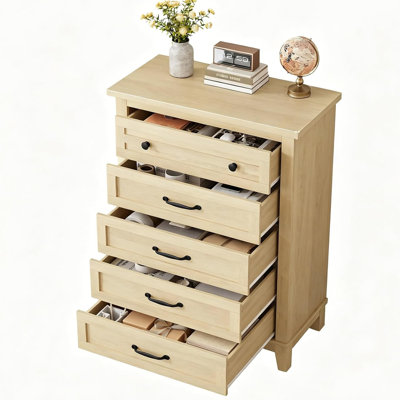 Modern 5-Drawer Tall Wooden Dresser for Bedroom - 41.3" Vertical Storage Chest with Concave-Convex Drawer Fronts, White Engineered Wood Cabinet with M