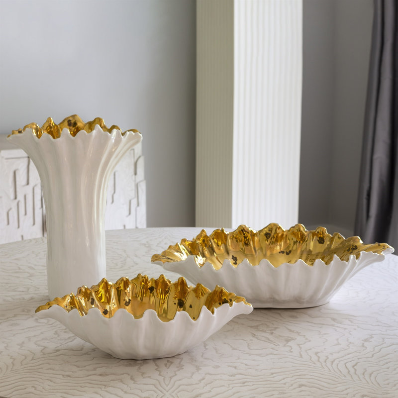 Organic Wave Oval Bowl-White-Lg, 5.75" H x 18.50" W x 10.50" D, White/Gold