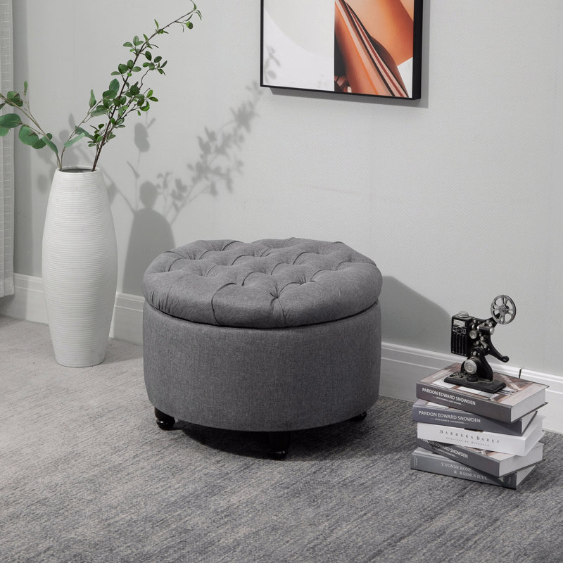 Round Linen-Touch Fabric Upholstered Storage Footstool Ottoman, Button Tufted With Removable Lid