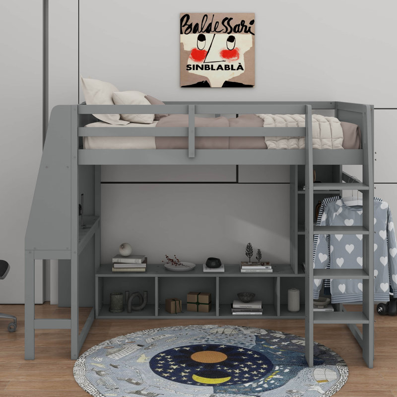 Lit mezzanine en bois avec bureau, étagères à rangement multiples, DEL et portemanteau suspendu, Lit double