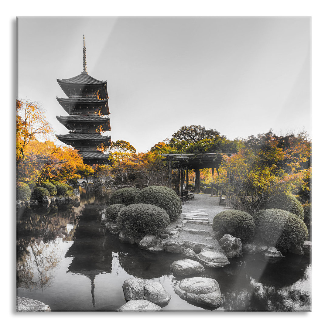 Grafikdruck See im Herbst vor einem japanischen Tempel