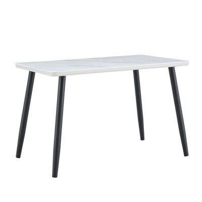 Modern minimalist rectangular dining table, suitable for 4-6 people. Tempered glass countertop+lower MDF board, imitation marble texture, metal tapere