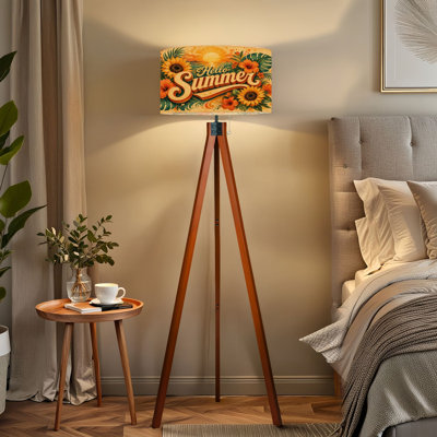  Tripod Standing Lamp Retro Tropical Summer Sunflowers Hibiscus Vibrant Sunset Remote Controlled Dimmable LED Floor Lamp with Beech Wood Legs & Detachable Linen Shade for Farmhouse Apartment Living Room and Bedroom